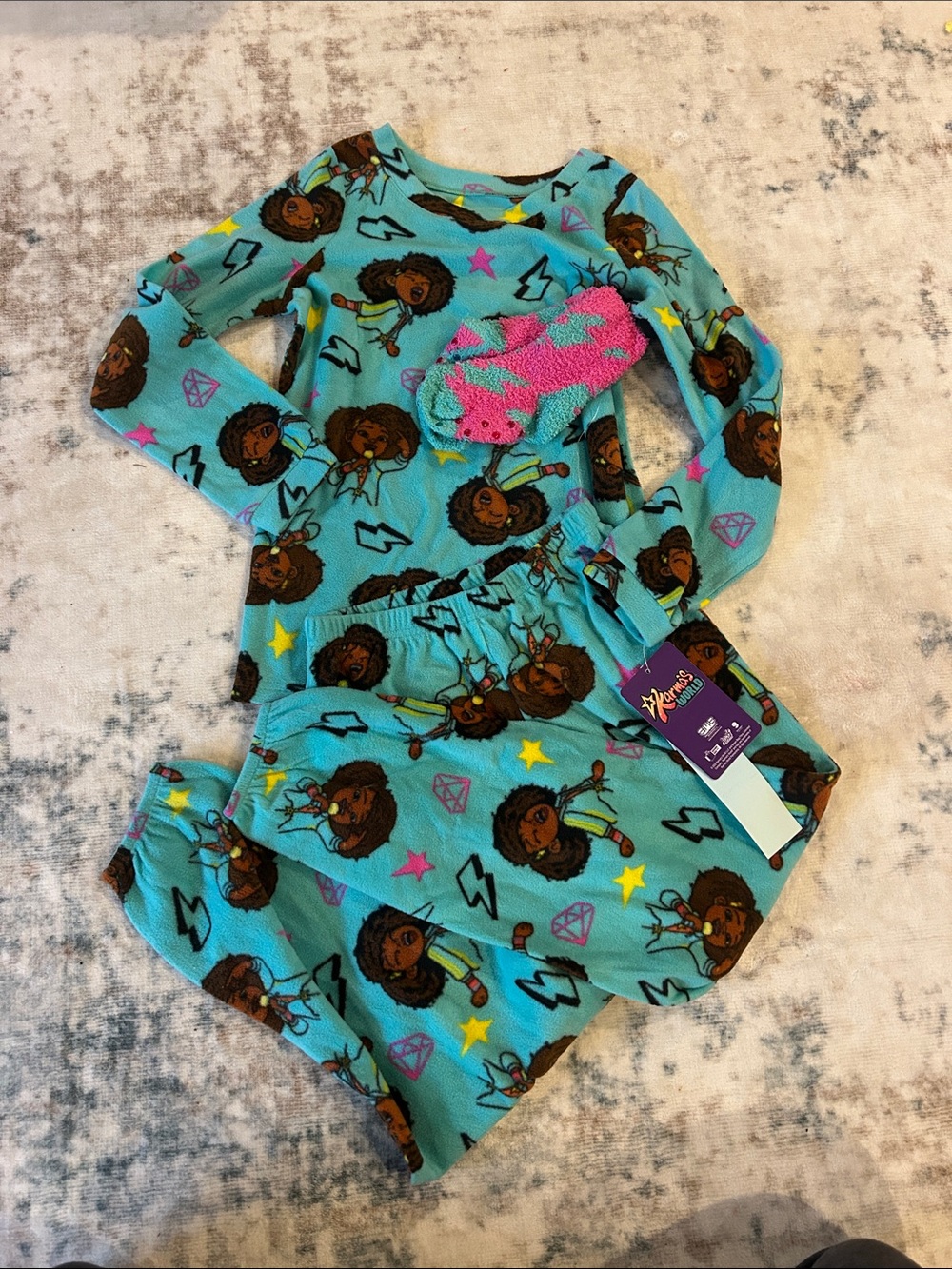 Kids Turquoise Character Print Pajama Set with Pink Socks - Unbranded
